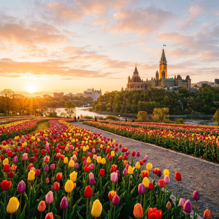 Colorful tulip garden in Ottawa with Parliament buildings at sunrise
