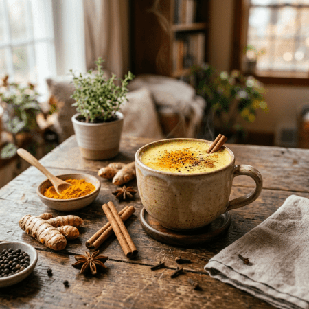 Steaming cup of turmeric latte with cinnamon stick, surrounded by turmeric roots, ground turmeric, cinnamon sticks, star anise, black peppercorns, and cloves