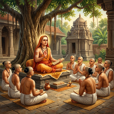Spiritual teacher in orange robes teaching seated disciples in white in temple courtyard
