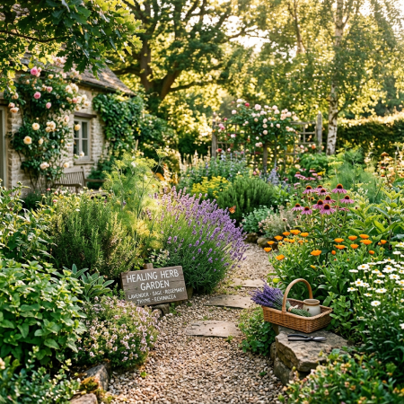 Pathway through a healing herb garden with lavender, sage, rosemary, thyme, and echinacea