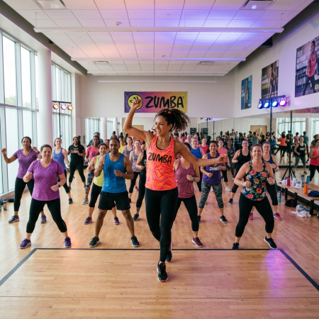 Instructor leading a group Zumba dance fitness class in a studio