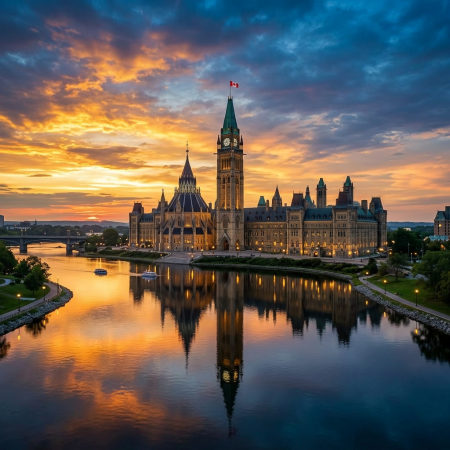 Canadian Parliament buildings with clock tower and flag reflected in river at sunset