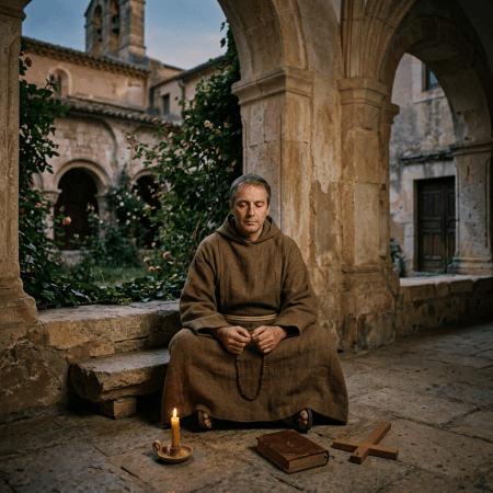 Monk sitting cross-legged in a brown robe, holding prayer beads with a lit candle, a book, and a wooden cross nearby in a stone cloister.