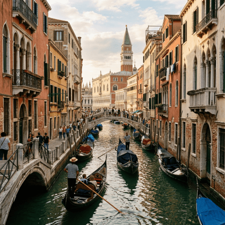 Gondolas moving through a crowded Venice canal under a stone pedestrian bridge with historic buildings on both sides