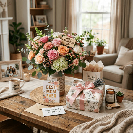 Mother's Day flowers, cards, and wrapped gifts on a wooden table