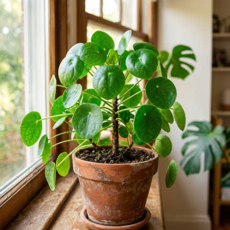 Pilea peperomioides plant with round green leaves in terracotta pot on wooden windowsill