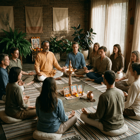 Group of people sitting cross-legged in meditation around a small altar with spiritual photos and a lit lamp