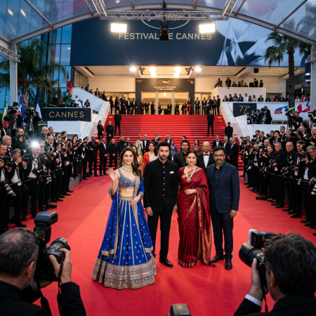 Four people dressed elegantly on the Cannes Film Festival red carpet with photographers and crowds on either side.