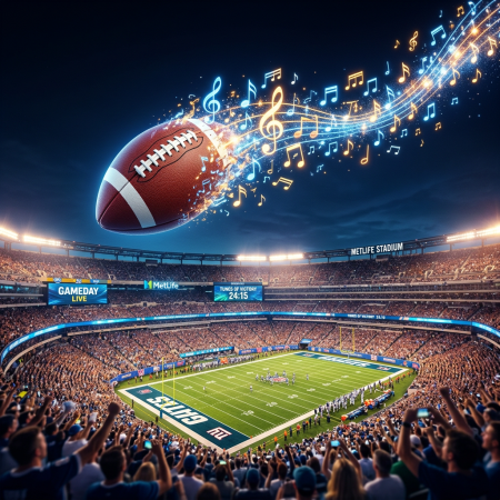 Football flying across stadium with colorful musical notes trail