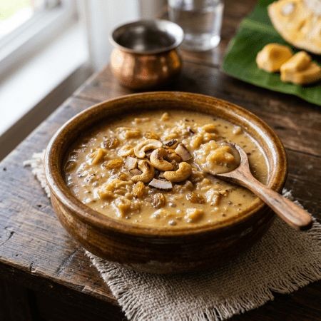 Creamy Indian dessert topped with roasted cashews, raisins, and coconut pieces in a brown bowl with a wooden spoon