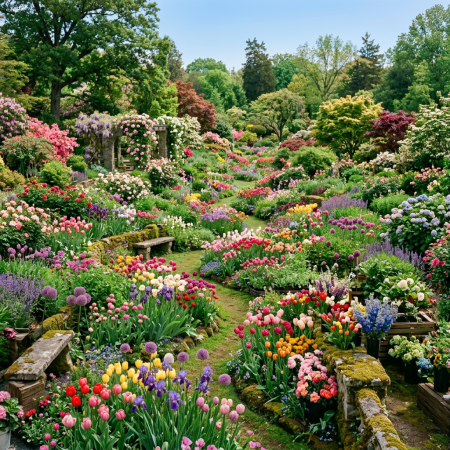 A lush garden path surrounded by colorful tulips, roses, and blooming shrubs under trees