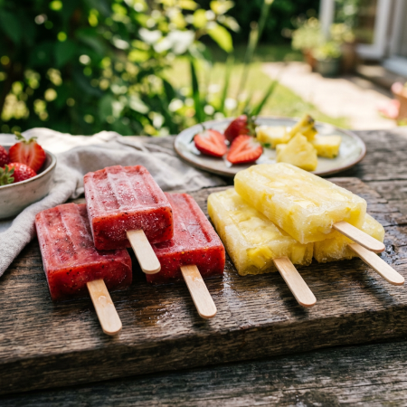 Red strawberry popsicles and yellow pineapple popsicles on wooden sticks on a rustic wooden board with fresh fruit in the background