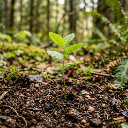 Young green plant seedling growing in dark forest soil