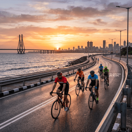 Group of cyclists riding on Mumbai's coastal road near Bandra-Worli Sea Link at sunset