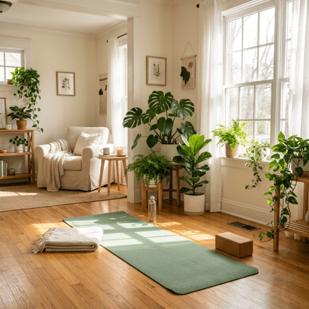 Yoga mat, blanket, water bottle, and block on wooden floor in a bright room with plants and armchair