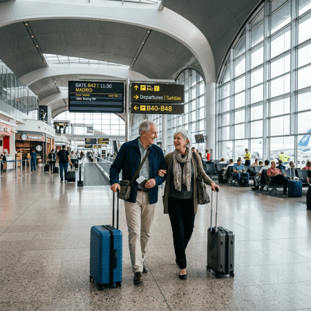 Senior couple walking in airport terminal pulling suitcases, heading to gate B42 to Madrid