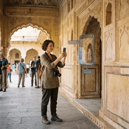 Tourist using smartphone augmented reality to view historical facts at Mansingh Palace