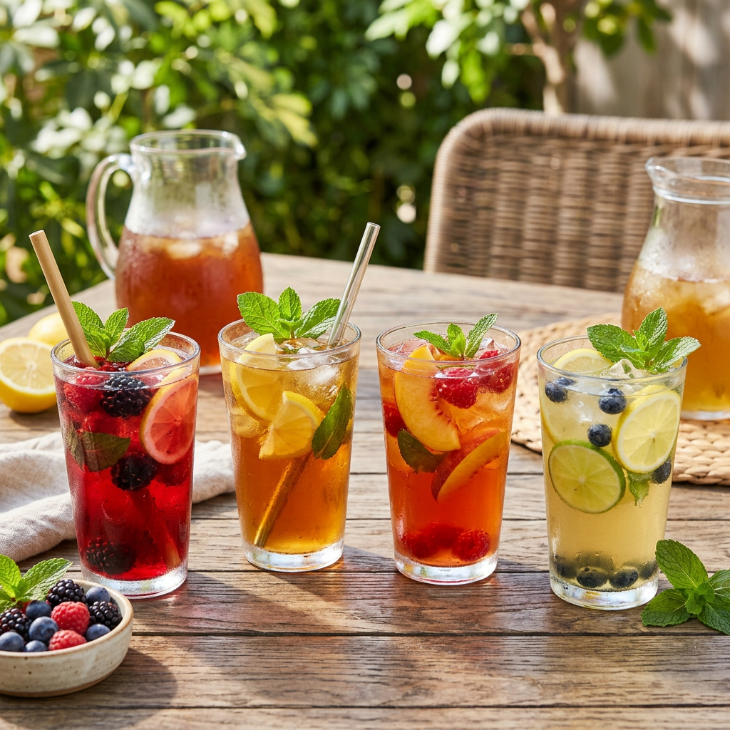 Four glasses of iced fruit-infused teas with lemon, berries, peaches, lime, and mint leaves