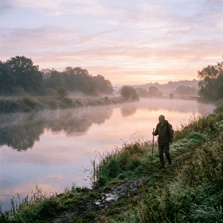 Elderly man walking on grassy riverbank with walking stick during sunrise and mist