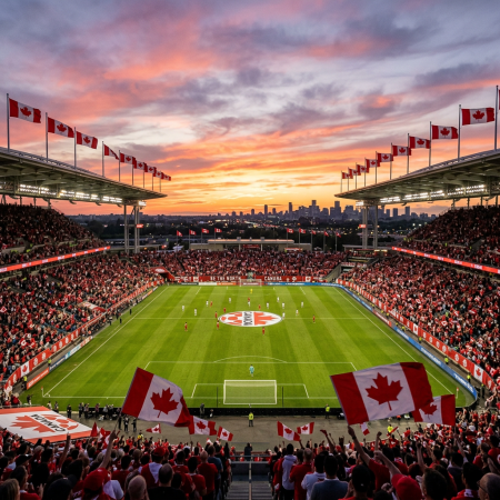 Soccer stadium filled with fans waving Canadian flags under a colorful sunset sky