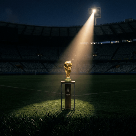 FIFA World Cup trophy on pedestal under spotlight in empty stadium