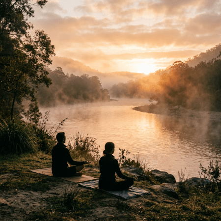 Two people meditating near misty river at sunrise