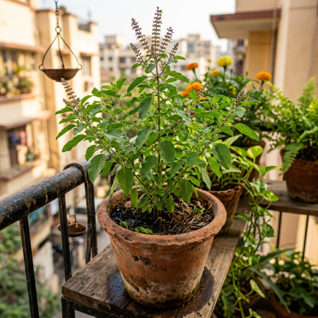 Various potted green plants and flowers on a balcony shelf in an urban setting