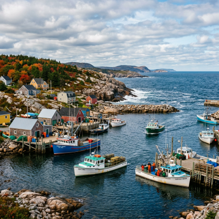Fishing boats docked in a small harbor surrounded by rocky coastline and autumn trees