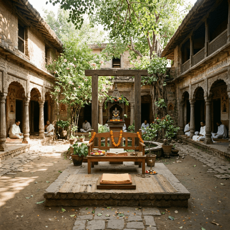 Flower-adorned shrine and prayer bench in a temple courtyard