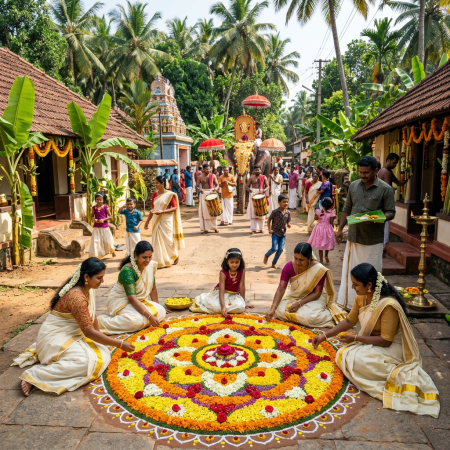 People making a colorful floral rangoli during a temple elephant procession
