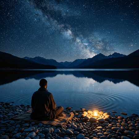 Person seated beside a candlelit lake beneath the Milky Way