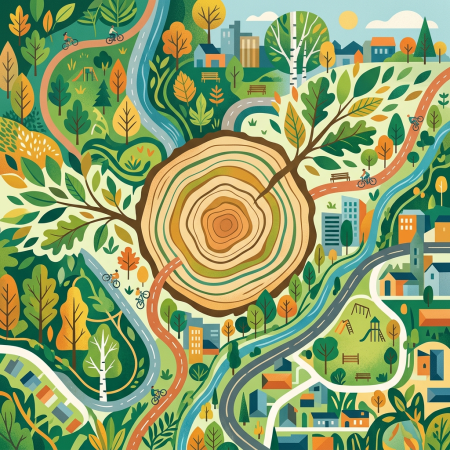 Illustrated landscape with tree rings, forests, neighborhoods, roads, waterways, and cyclists