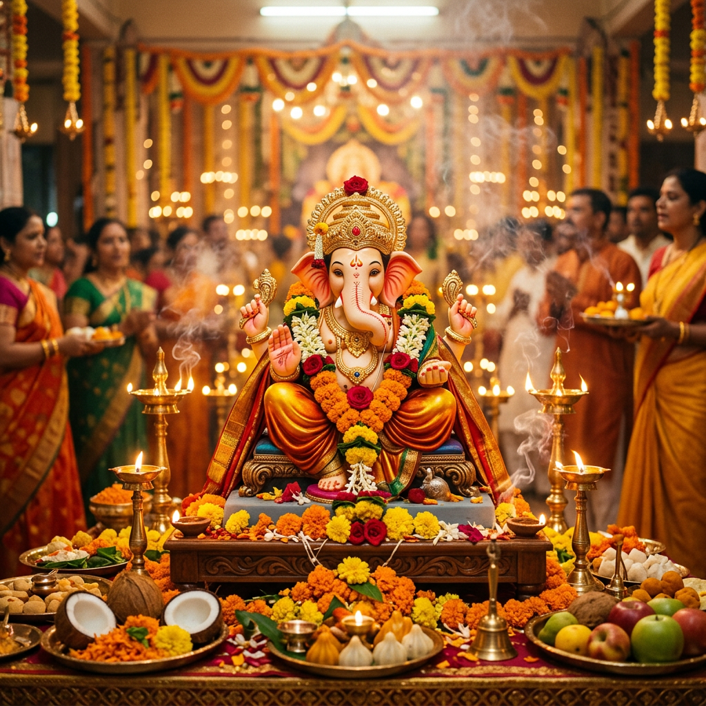 Decorated Ganesha idol surrounded by lamps, flowers, offerings, and worshippers