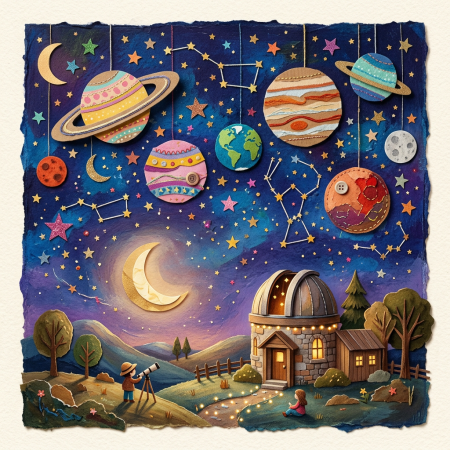Whimsical night landscape with planets, stars, an observatory, and two children stargazing