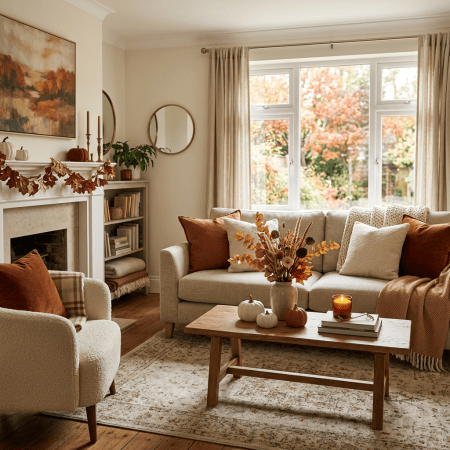 Autumn-decorated living room with sofa, fireplace, coffee table, and window